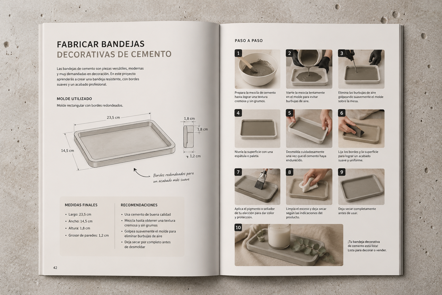 Colección de piezas decorativas en cemento: bandeja, maceta, portavelas y organizador