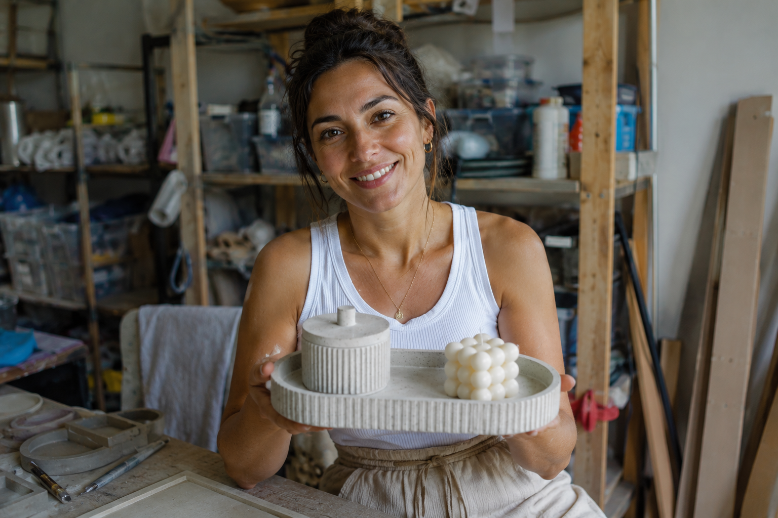 Mujer sosteniendo una pieza decorativa de cemento terminada en un ambiente cálido y elegante